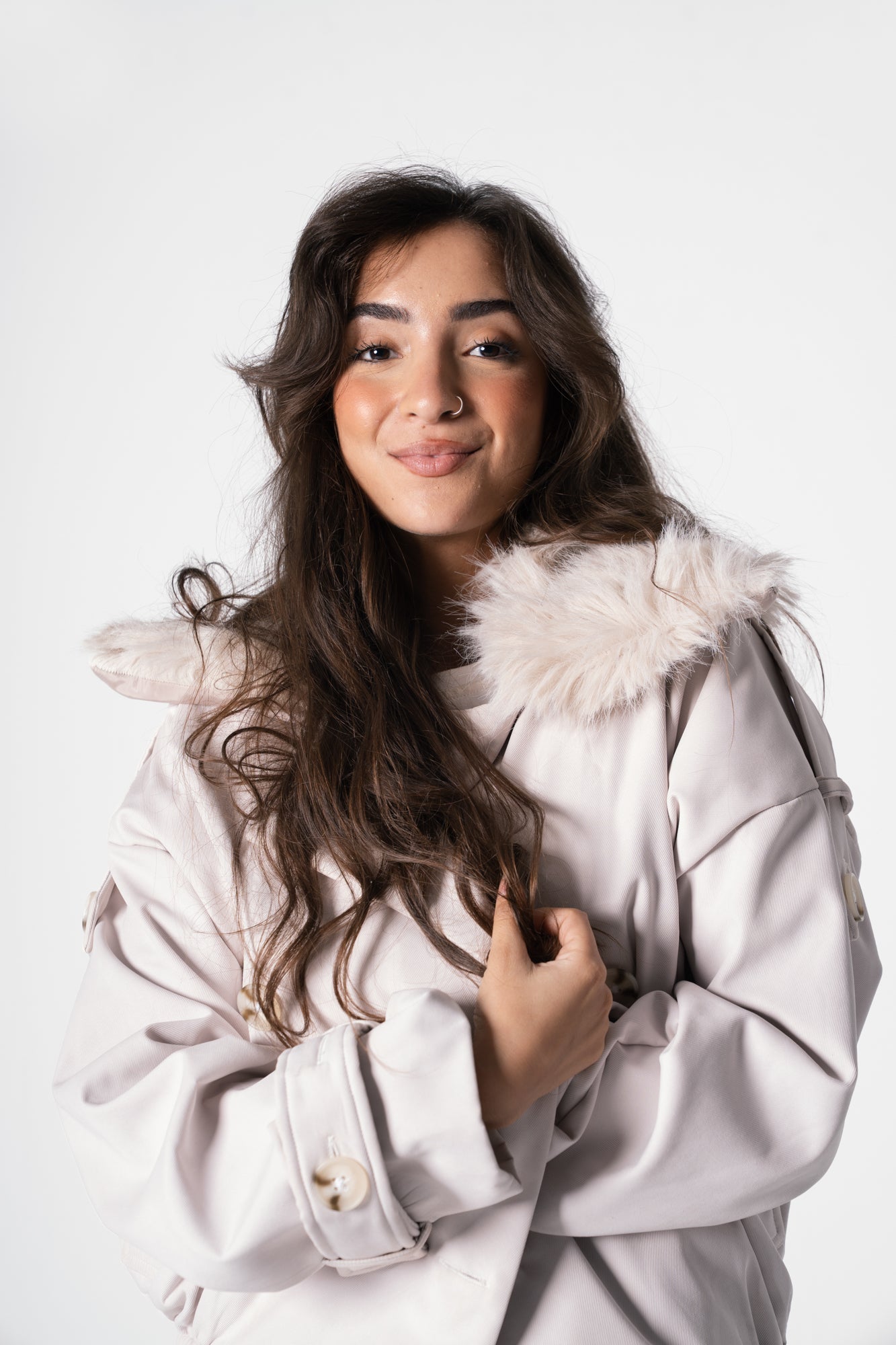 Fur Trench Jacket in Cream Beige