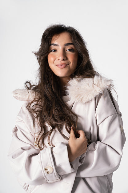 Fur Trench Jacket in Cream Beige