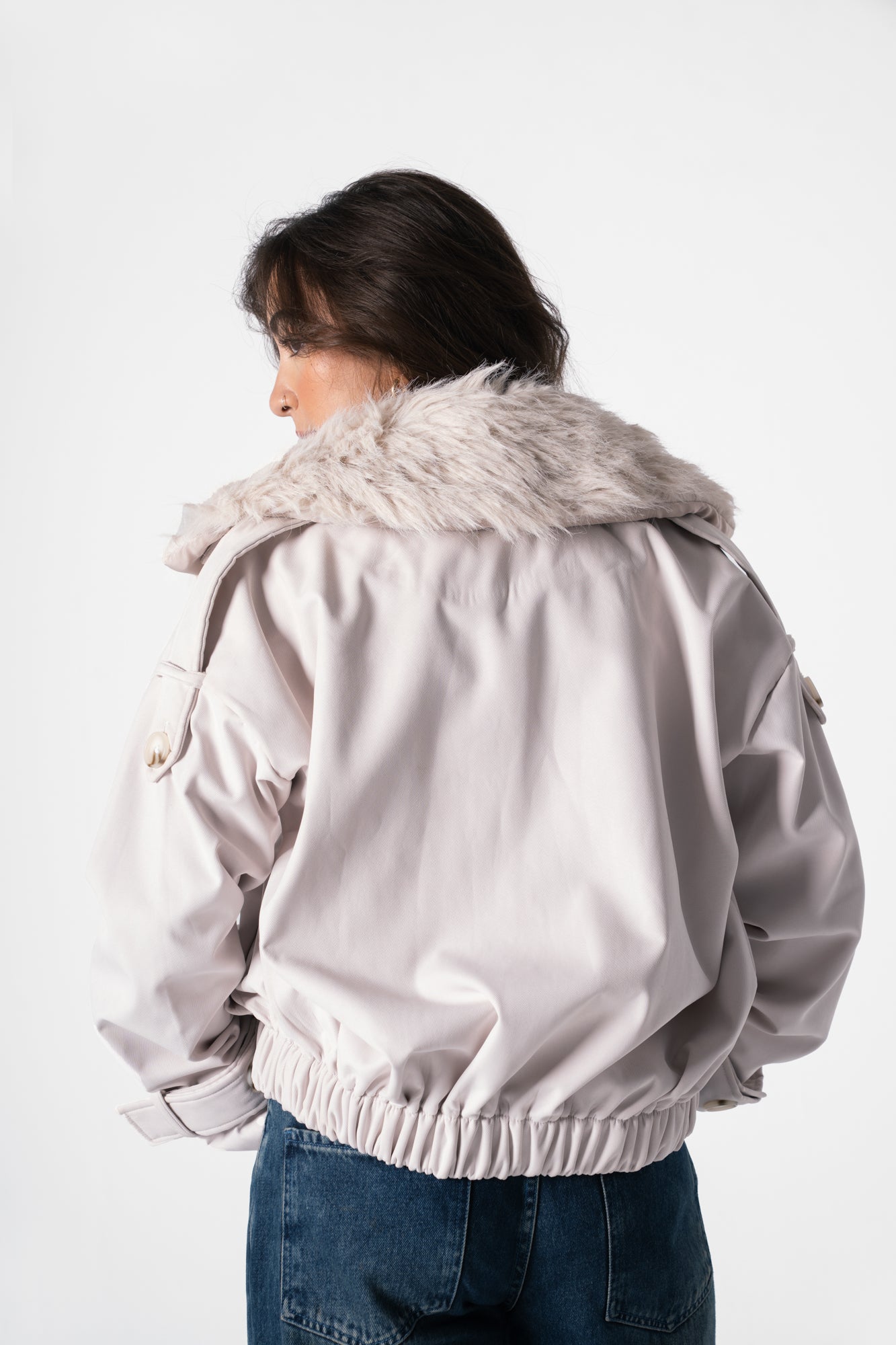 Fur Trench Jacket in Cream Beige