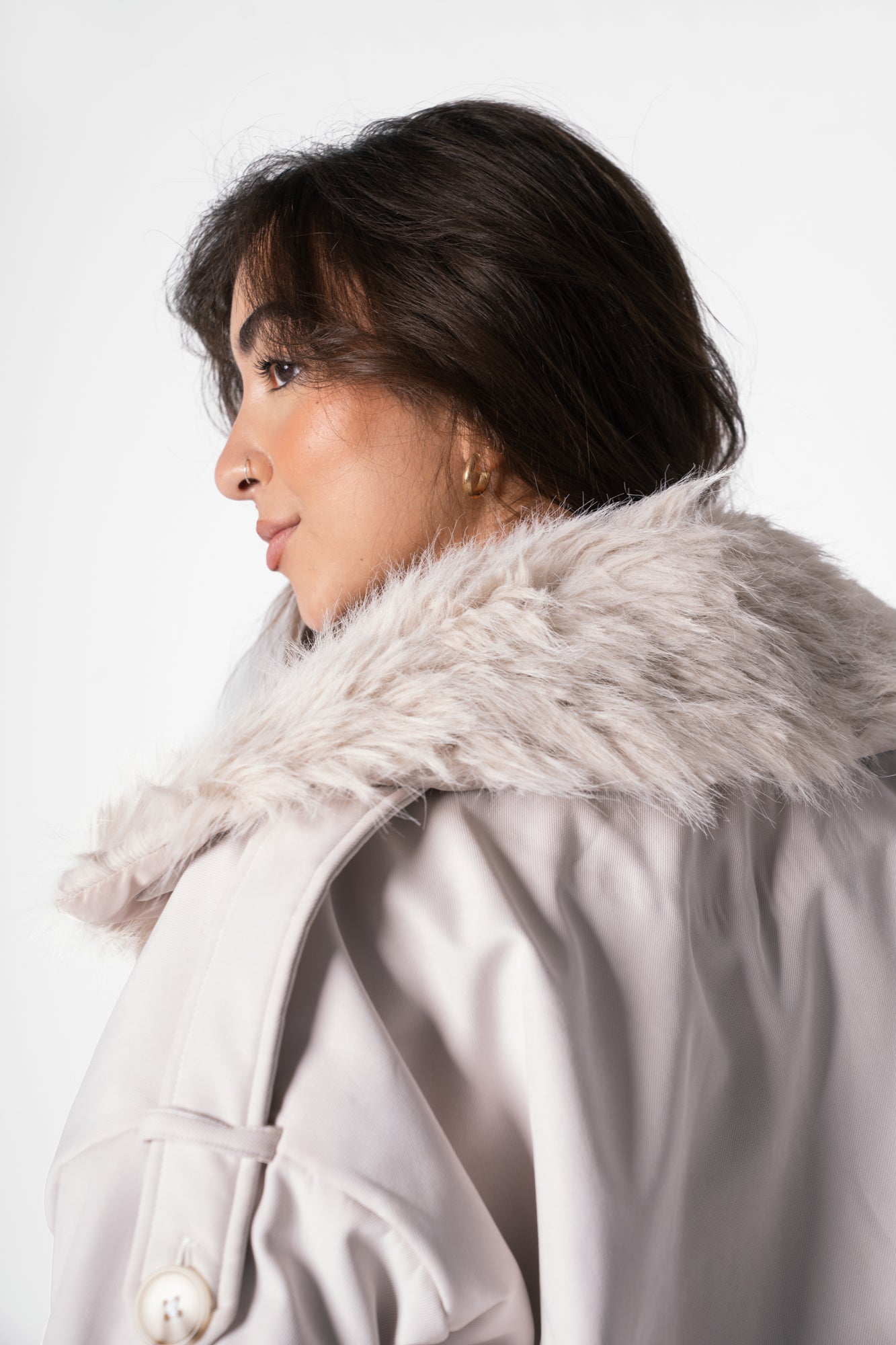 Fur Trench Jacket in Cream Beige