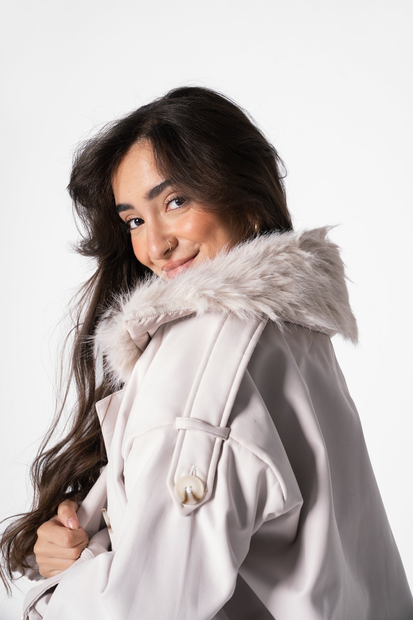 Fur Trench Jacket in Cream Beige