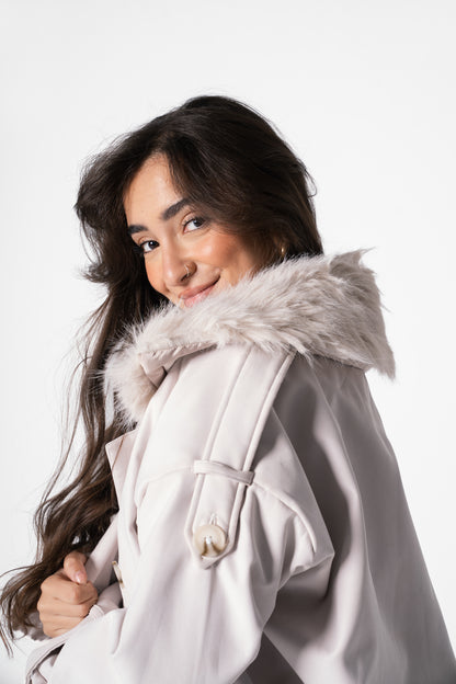 Fur Trench Jacket in Cream Beige