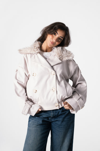 Fur Trench Jacket in Cream Beige