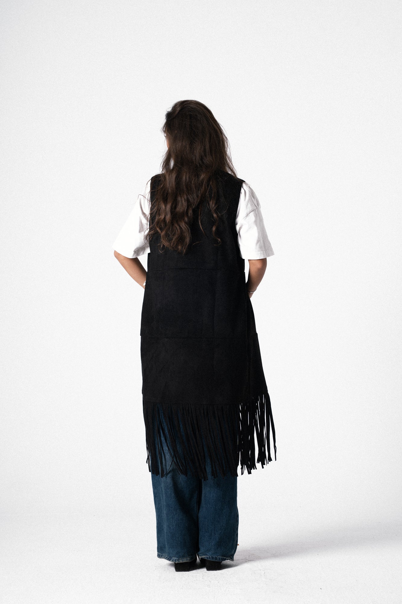 The Suede Fringe Vest in Black