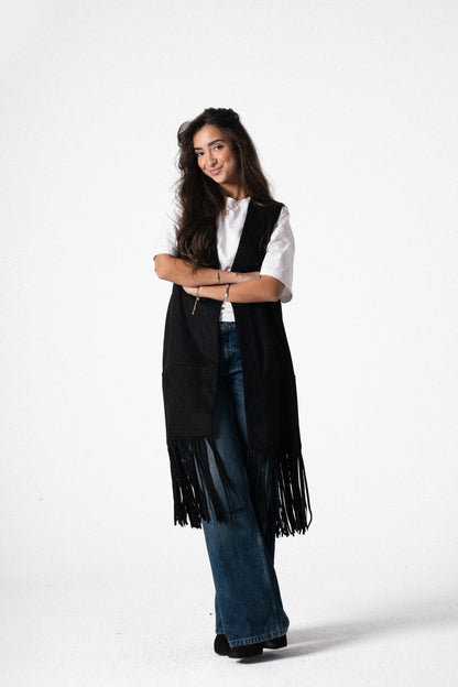 The Suede Fringe Vest in Black