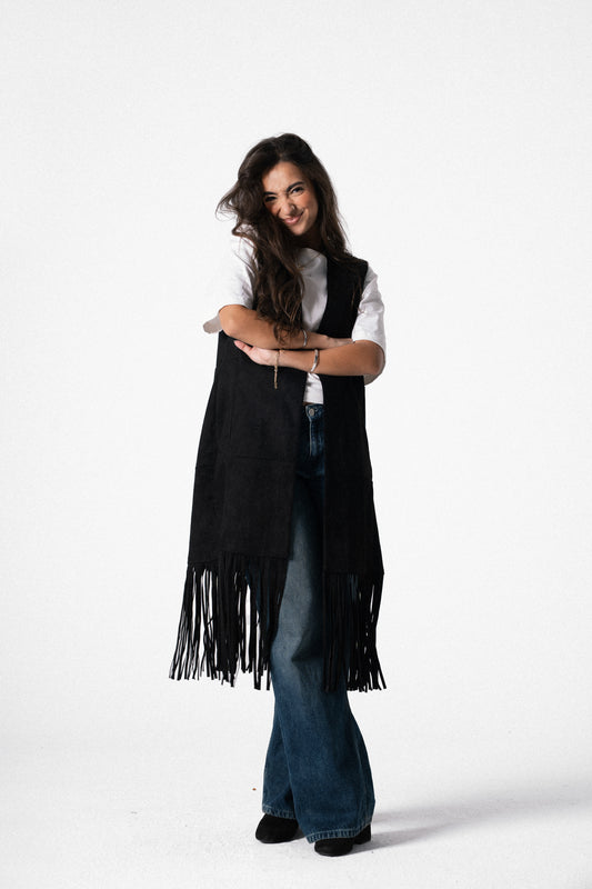 The Suede Fringe Vest in Black