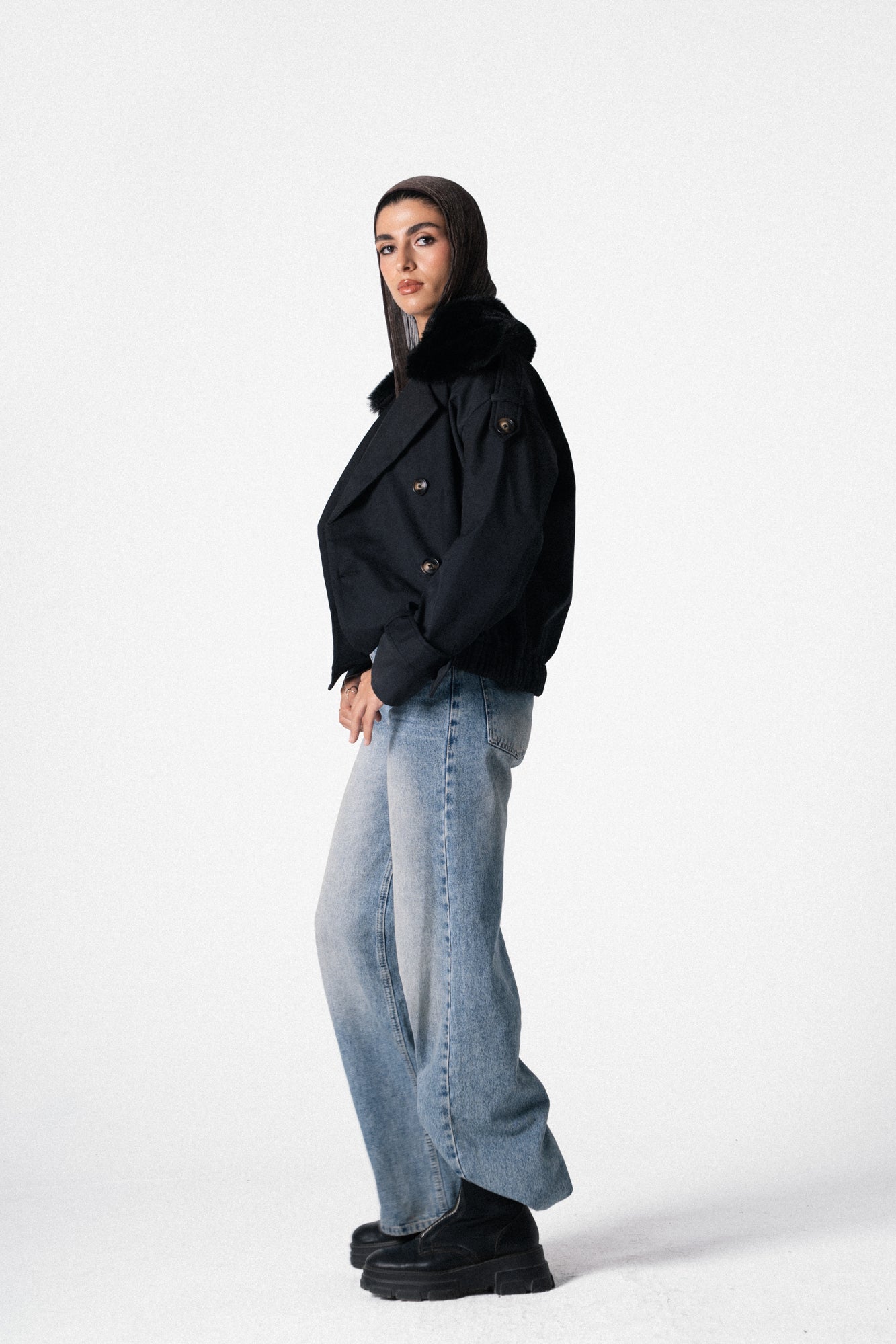 Fur Trench Jacket in Black