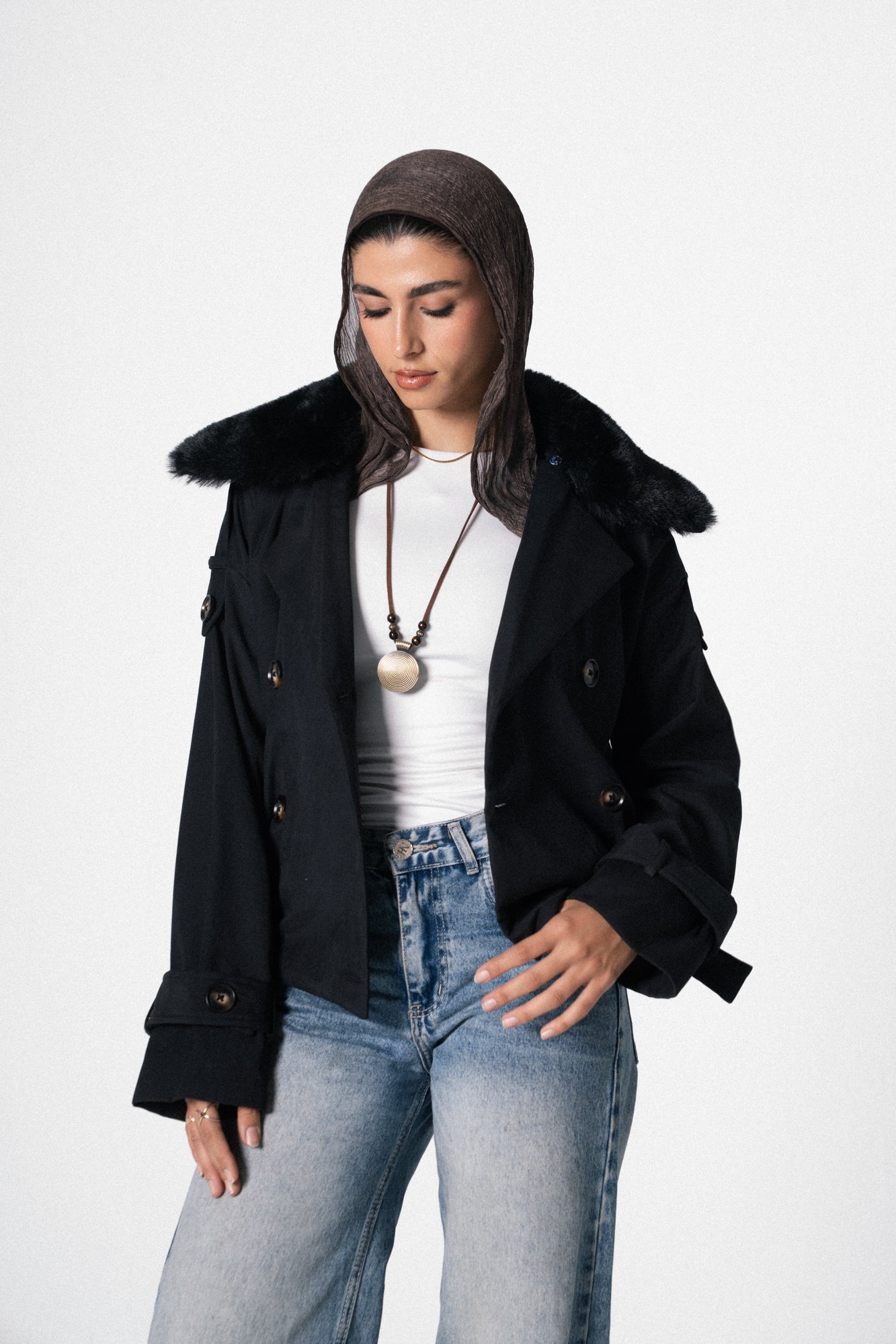 Fur Trench Jacket in Black