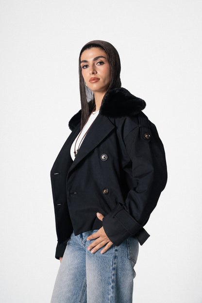 Fur Trench Jacket in Black