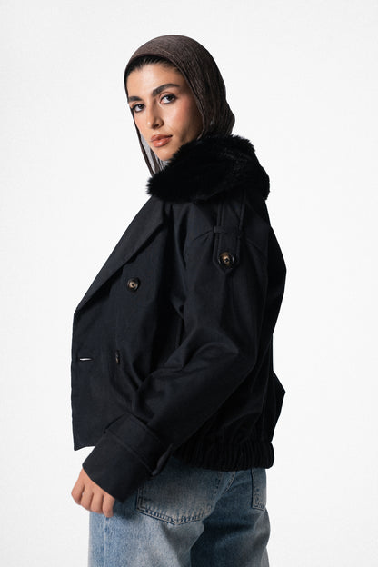Fur Trench Jacket in Black