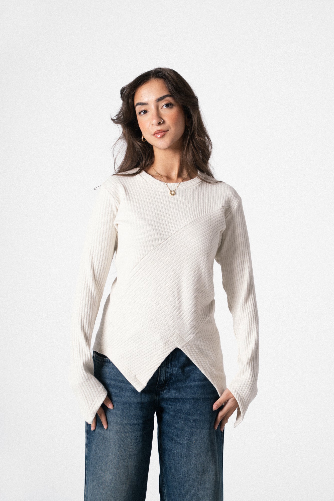 Asymmetric Shimmer Top in Offwhite