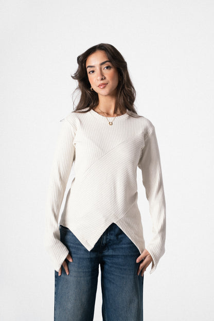 Asymmetric Shimmer Top in Offwhite