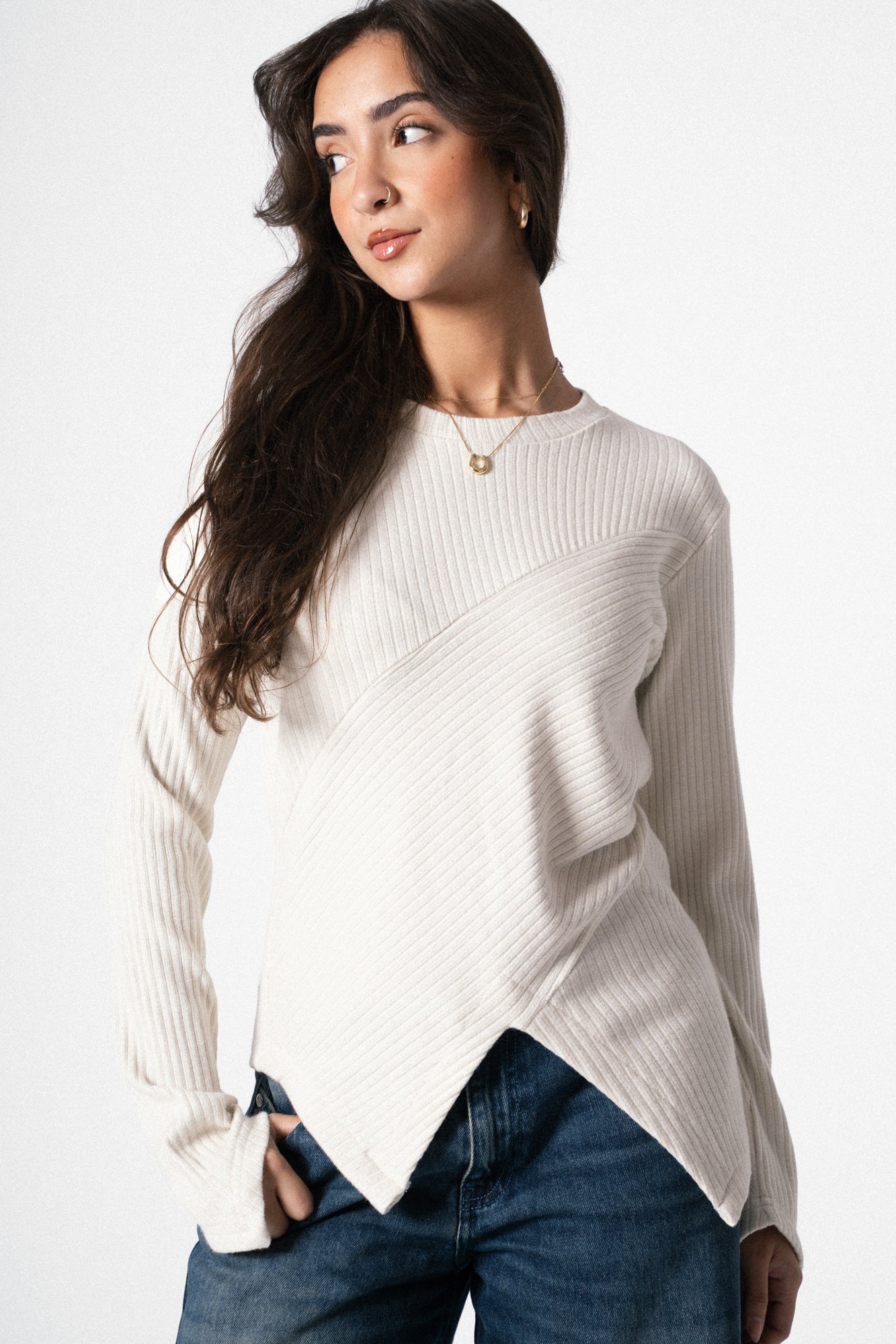 Asymmetric Shimmer Top in Offwhite