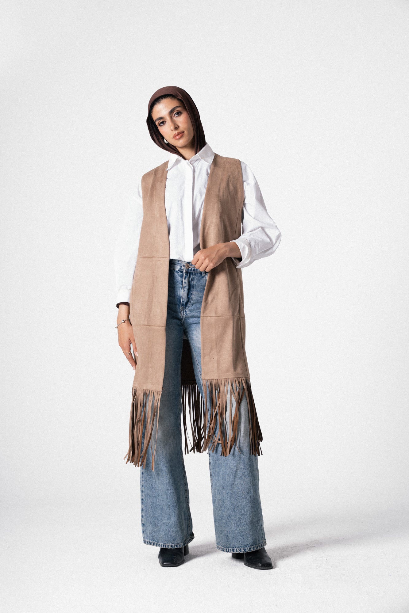 The Suede Fringe Vest in Beige
