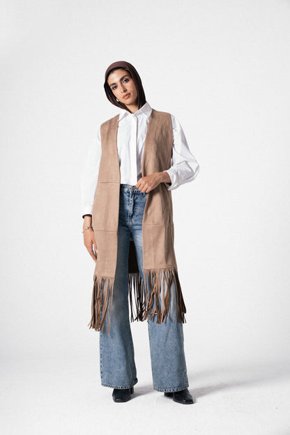 The Suede Fringe Vest in Beige