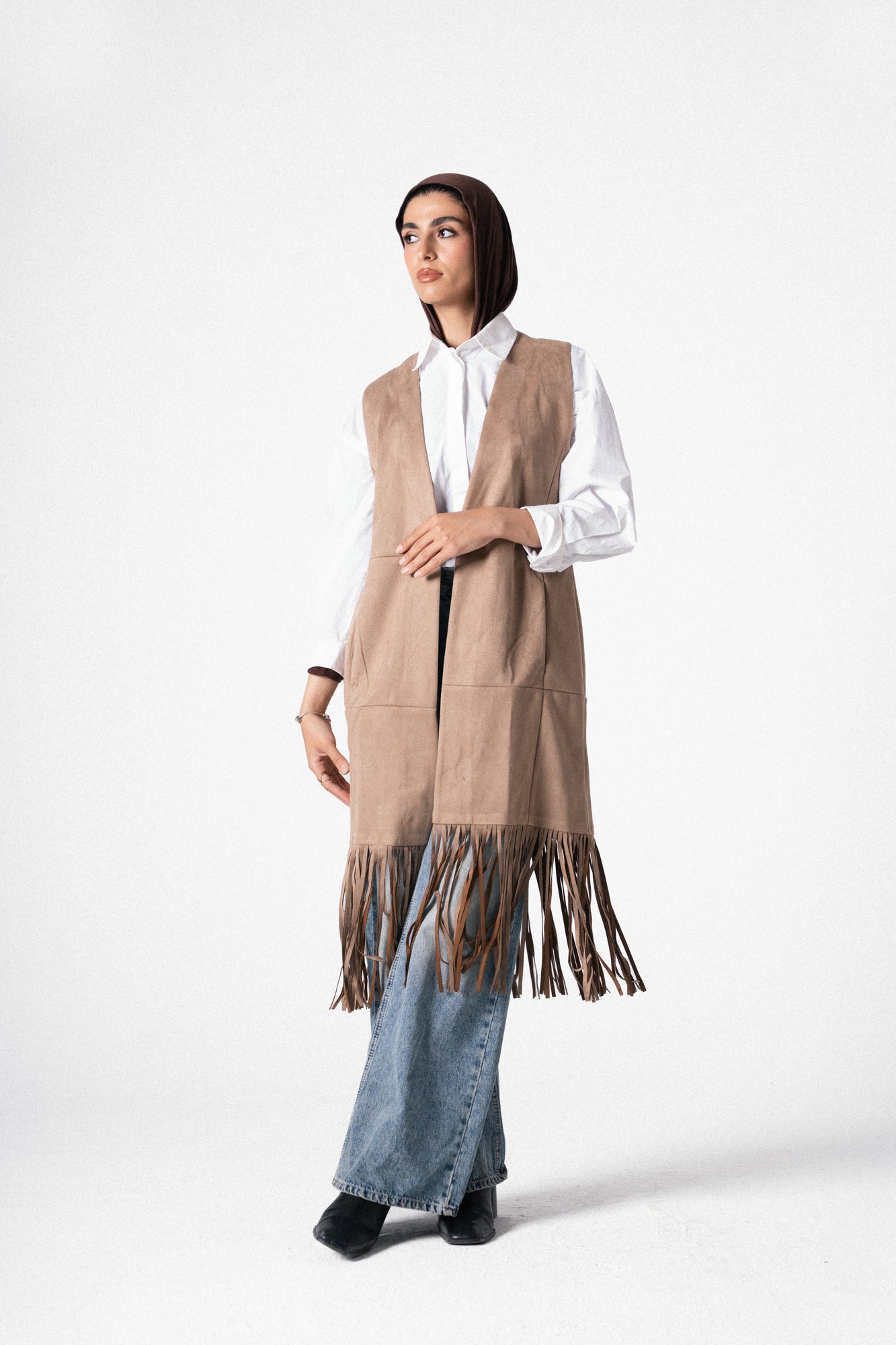 The Suede Fringe Vest in Beige