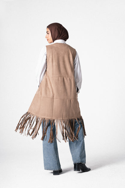 The Suede Fringe Vest in Beige