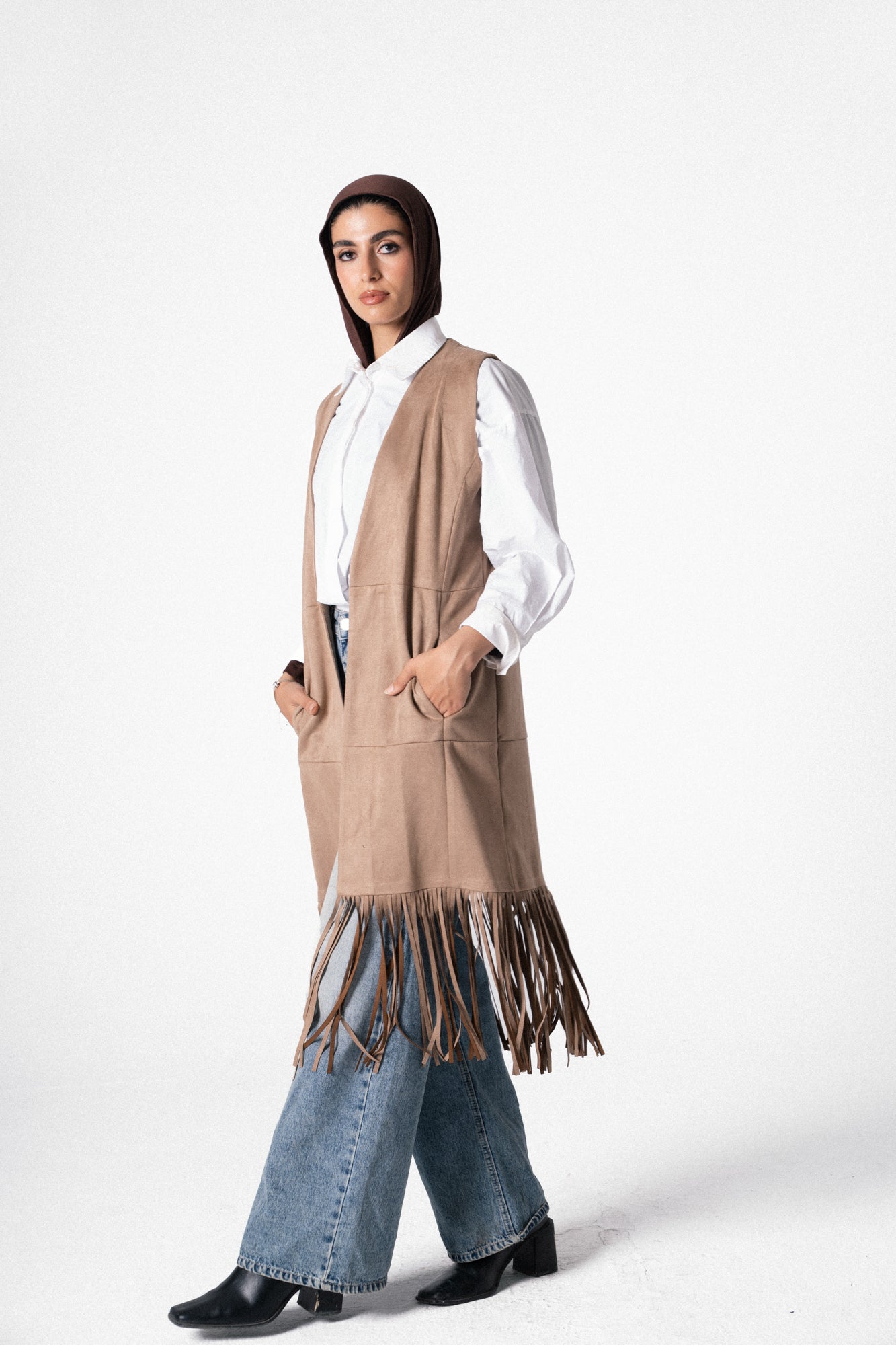 The Suede Fringe Vest in Beige