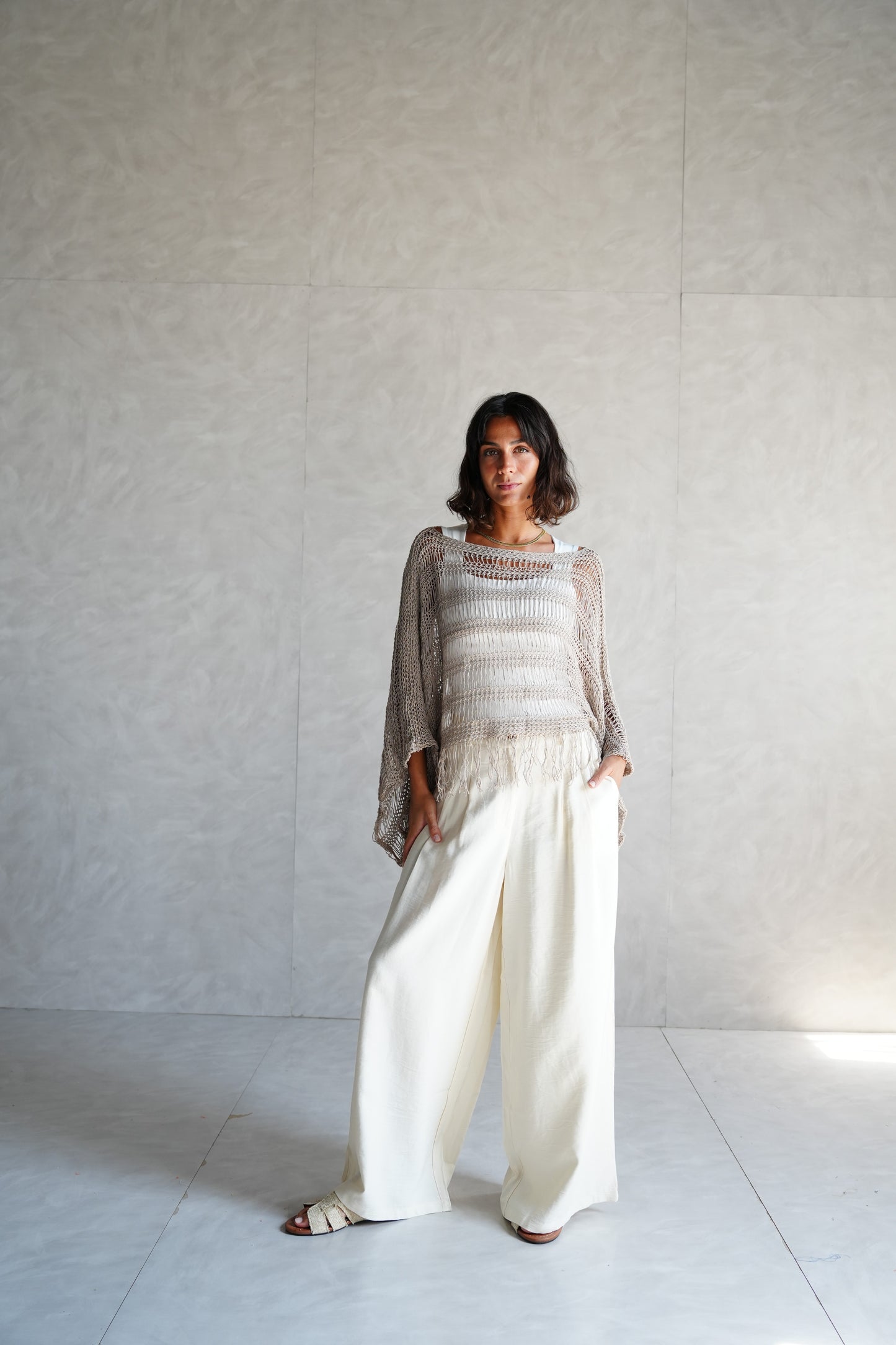 Cape-Style Knit Blouse in Cafe