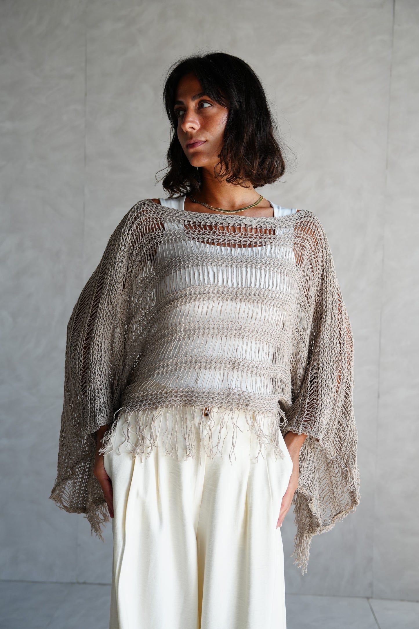 Cape-Style Knit Blouse in Cafe