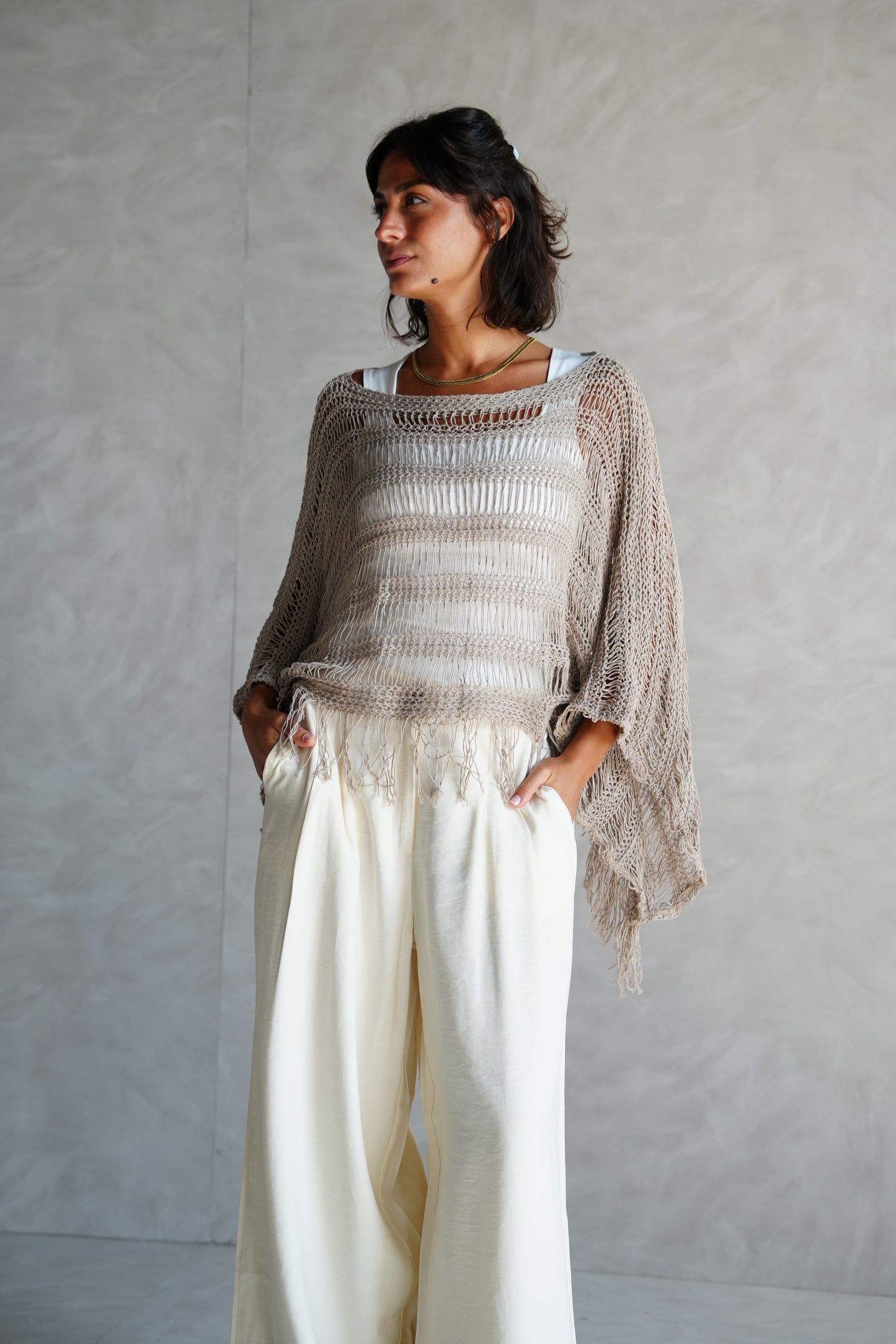 Cape-Style Knit Blouse in Cafe