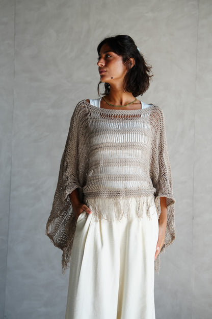 Cape-Style Knit Blouse in Cafe