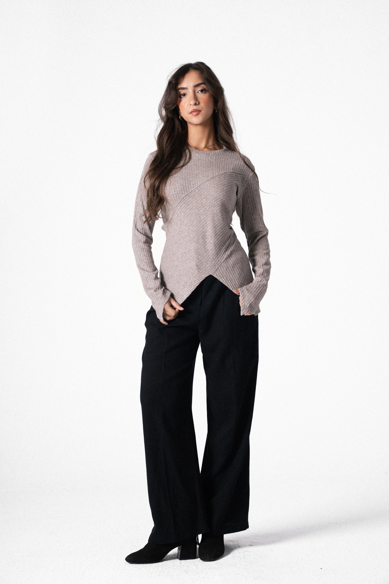 Asymmetric Shimmer Top in Cafe