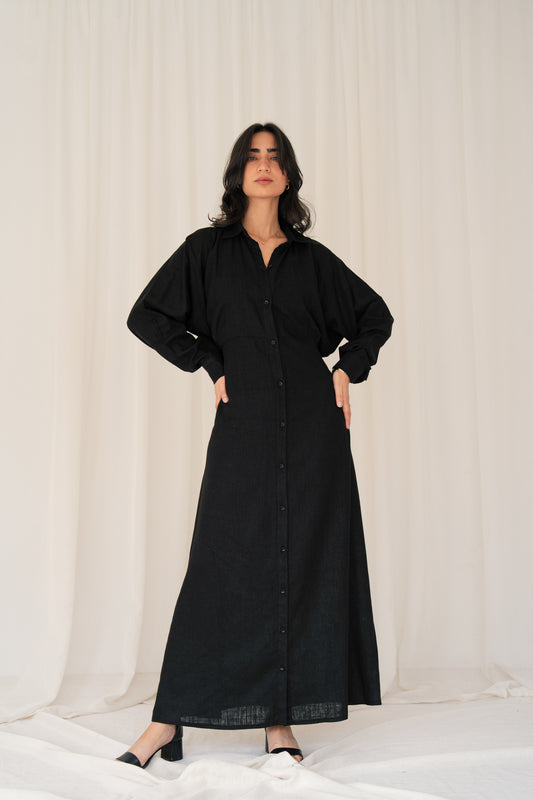 Linen Flow Shirt Dress in Black