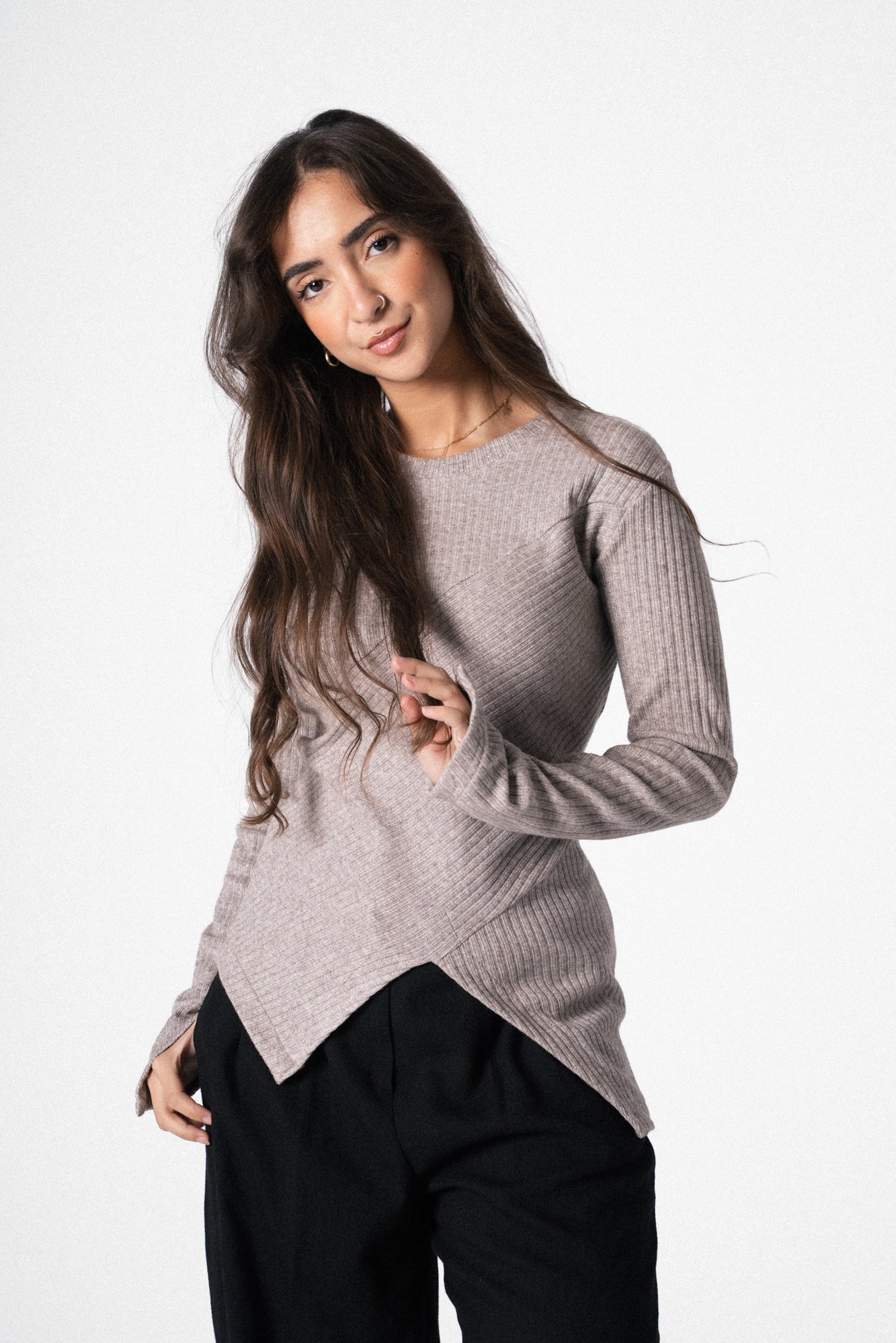 Asymmetric Shimmer Top in Cafe