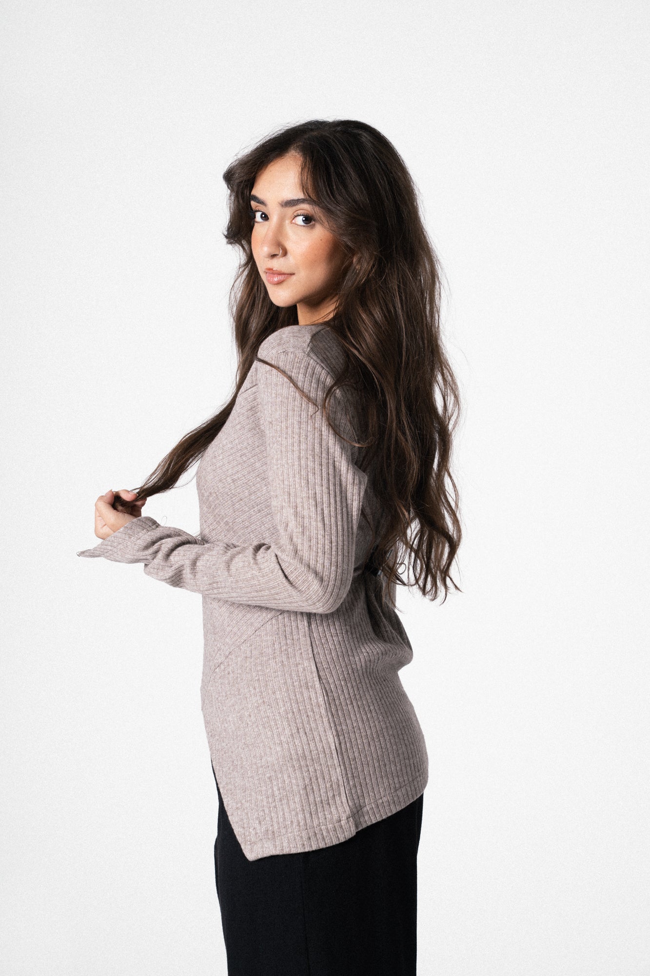 Asymmetric Shimmer Top in Cafe