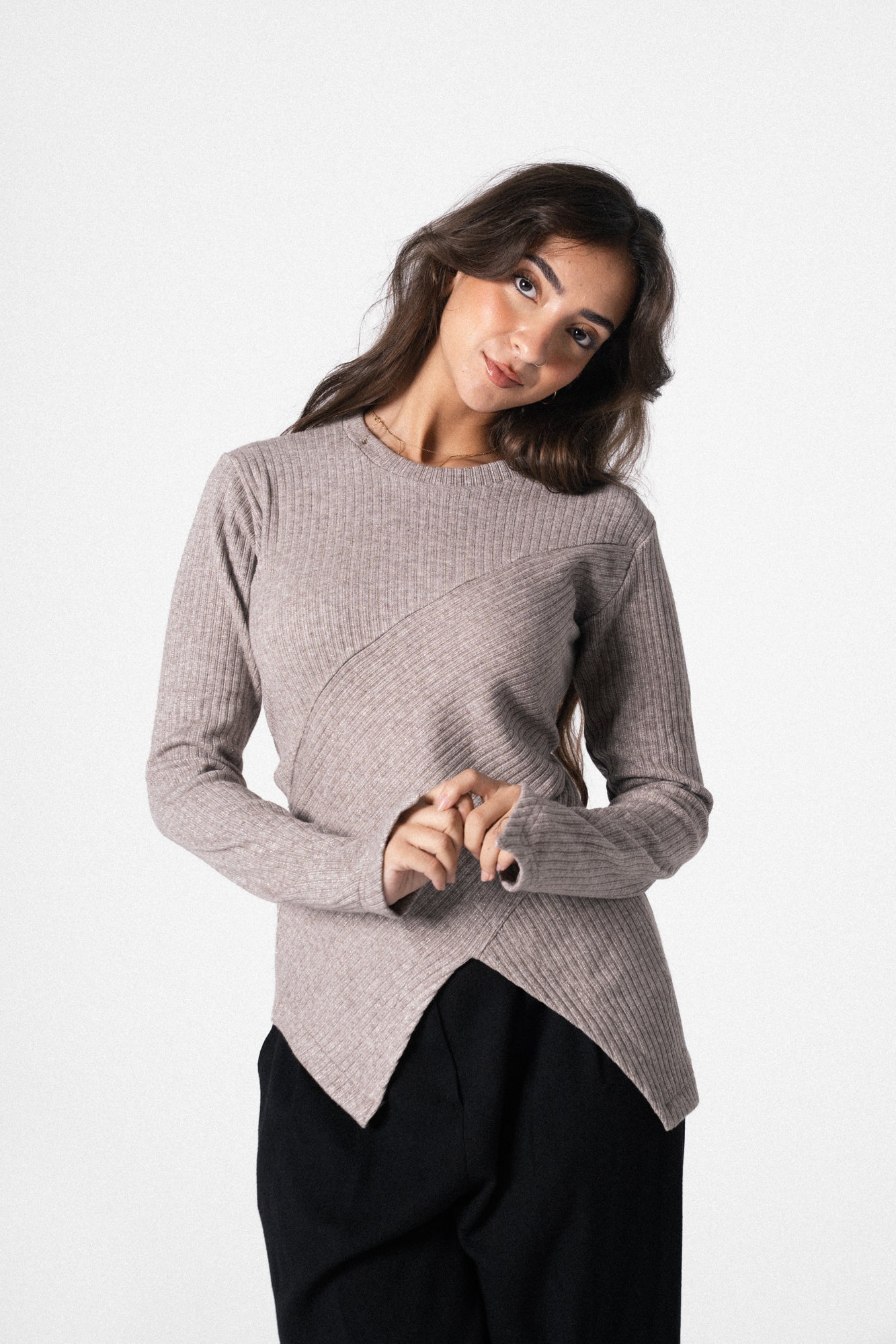 Asymmetric Shimmer Top in Cafe