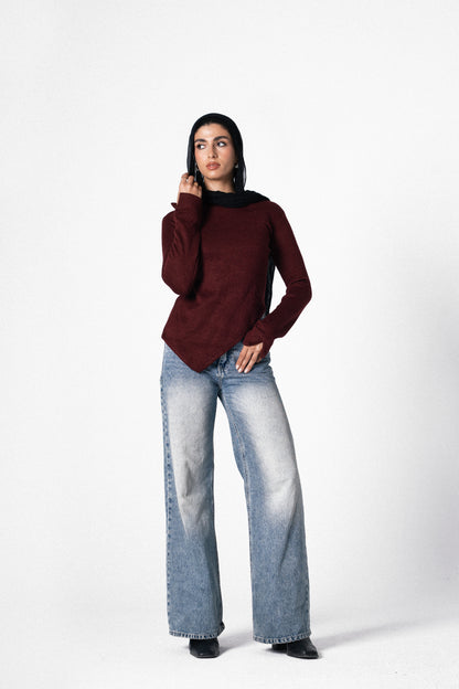 Slit Basic Top in Burgundy