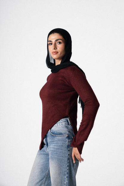 Slit Basic Top in Burgundy