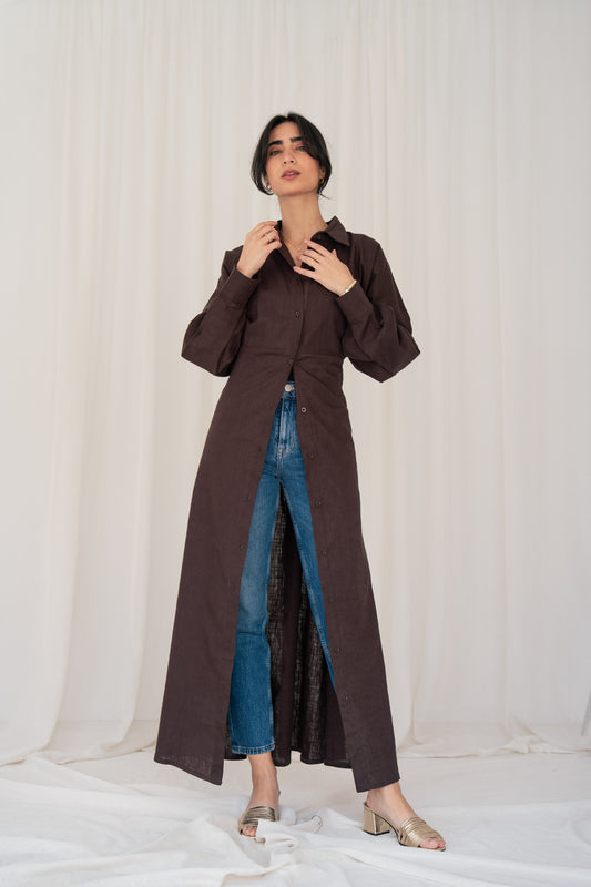 Linen Flow Shirt Dress in Brown
