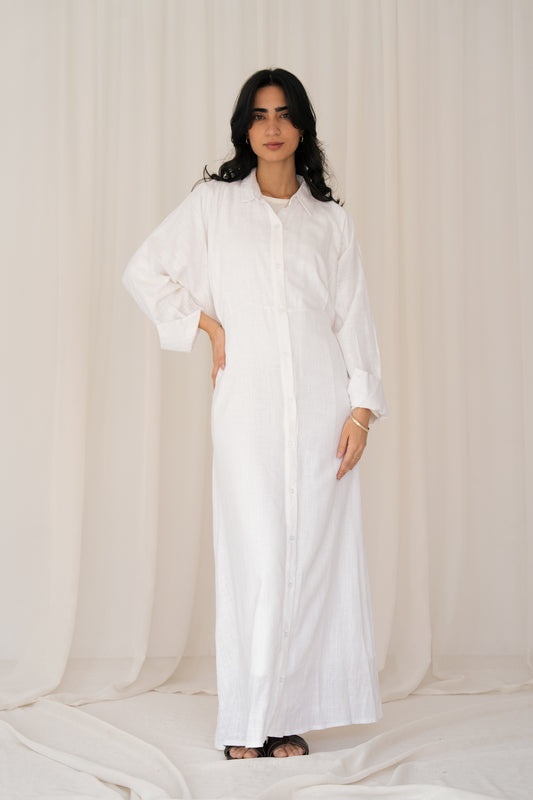 Linen Flow Shirt Dress in Offwhite