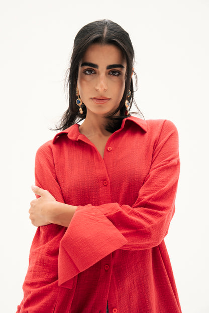 Asymmetric Linen Shirt in Red