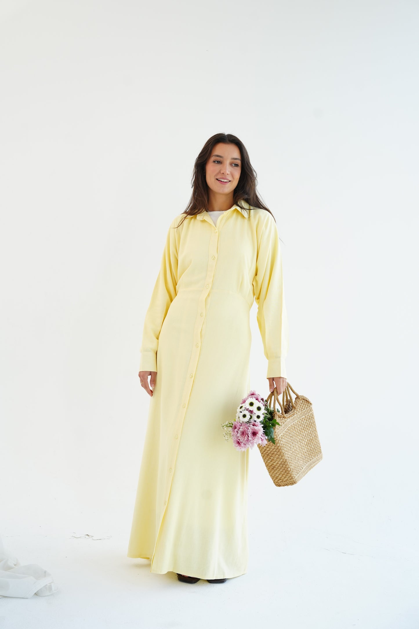 Linen Flow Shirt Dress in Butter Yellow