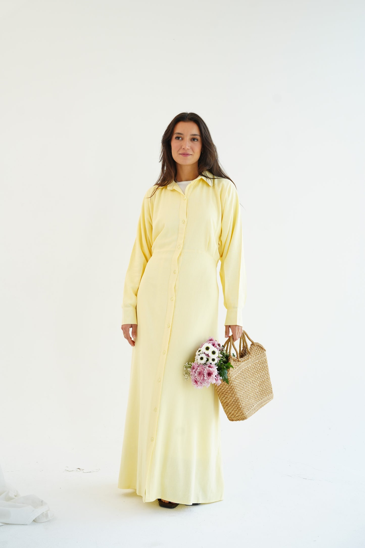 Linen Flow Shirt Dress in Butter Yellow