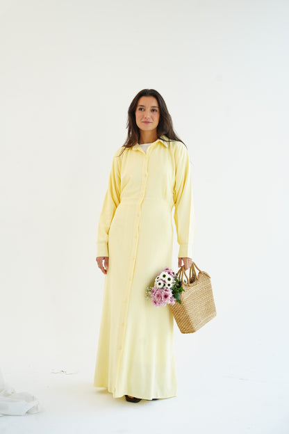 Linen Flow Shirt Dress in Butter Yellow