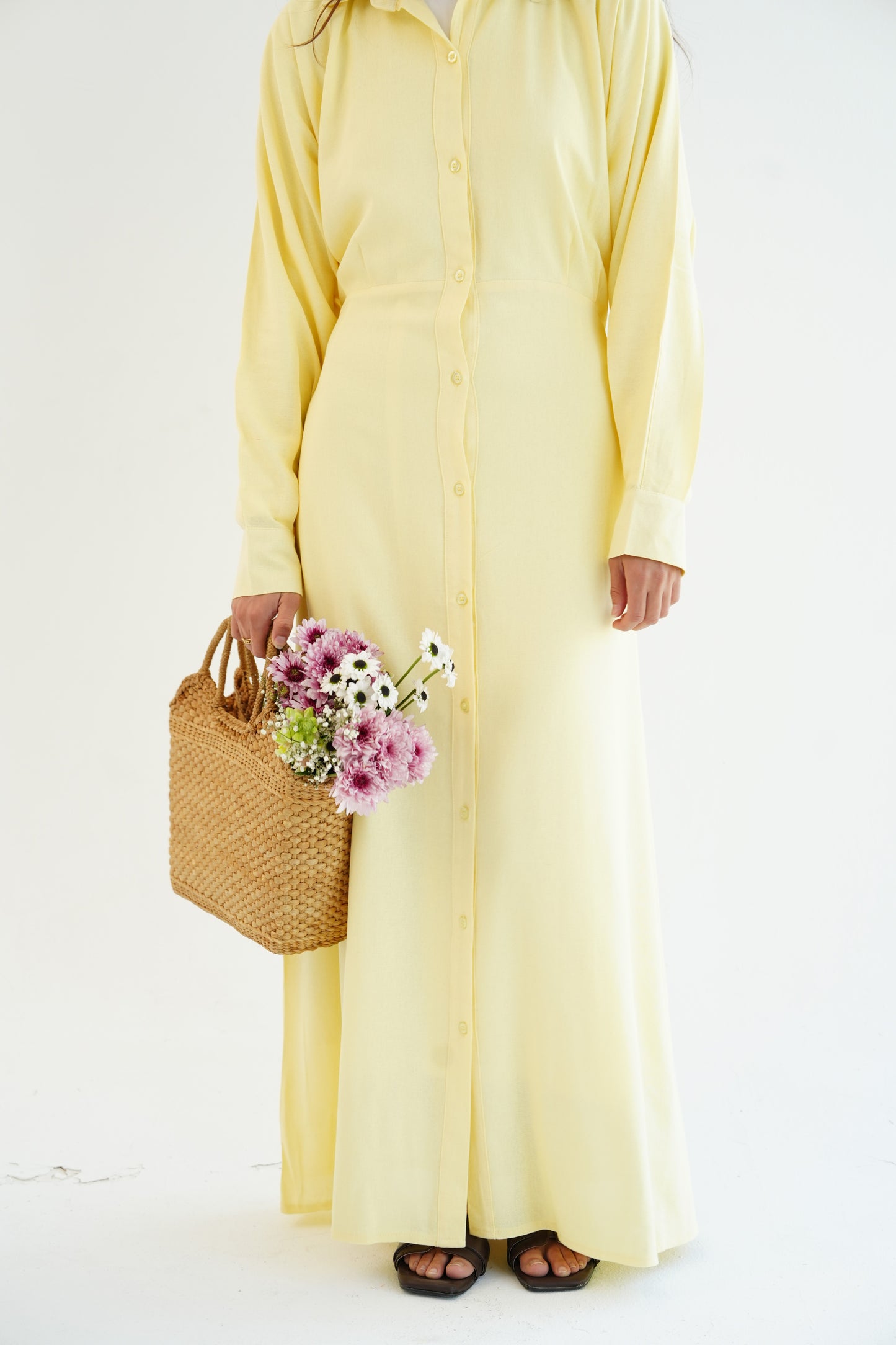 Linen Flow Shirt Dress in Butter Yellow