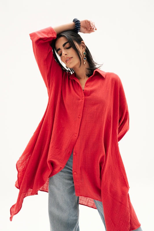 Asymmetric Linen Shirt in Red