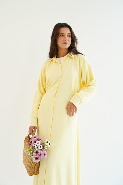 Linen Flow Shirt Dress in Butter Yellow