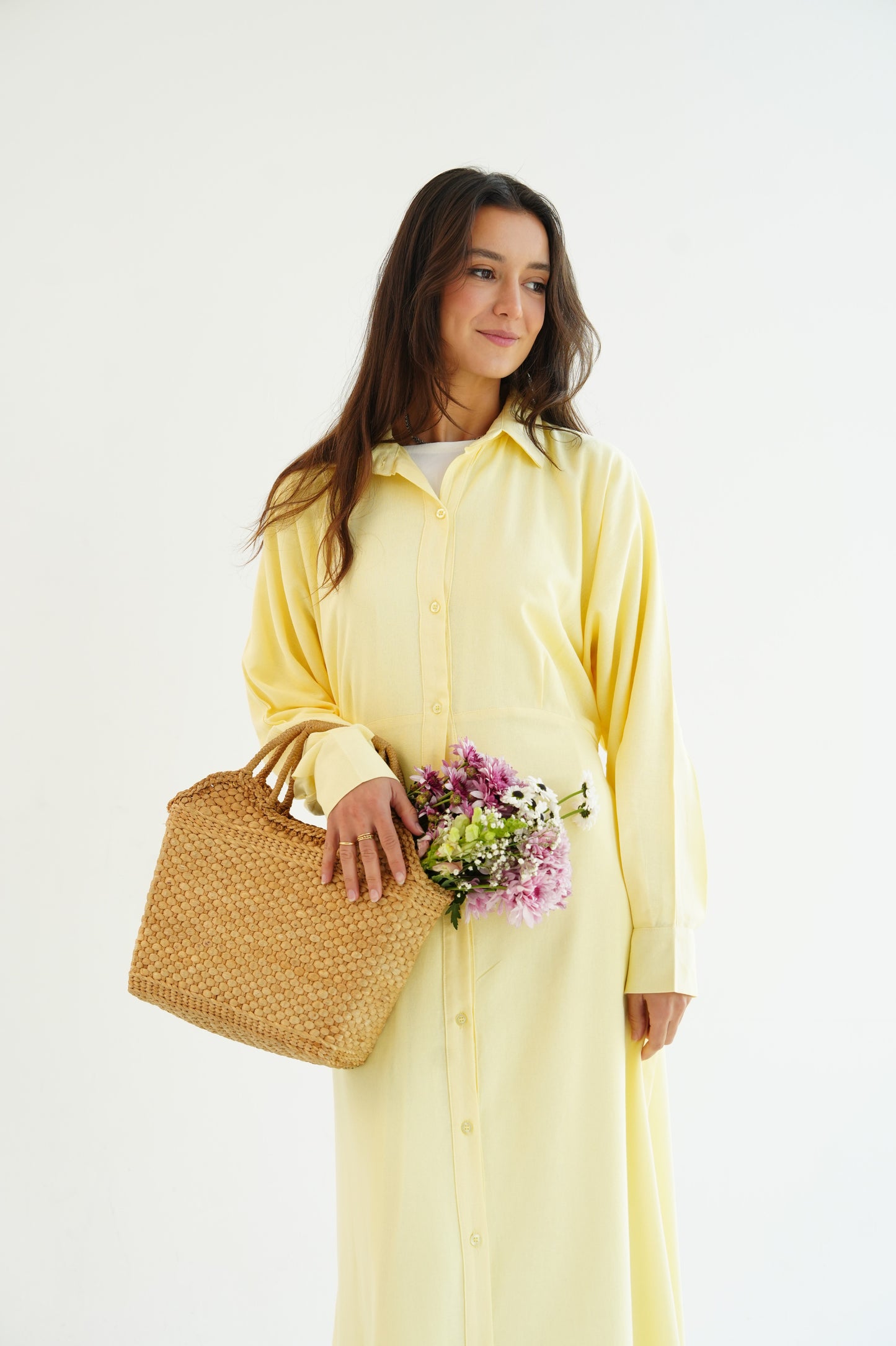 Linen Flow Shirt Dress in Butter Yellow