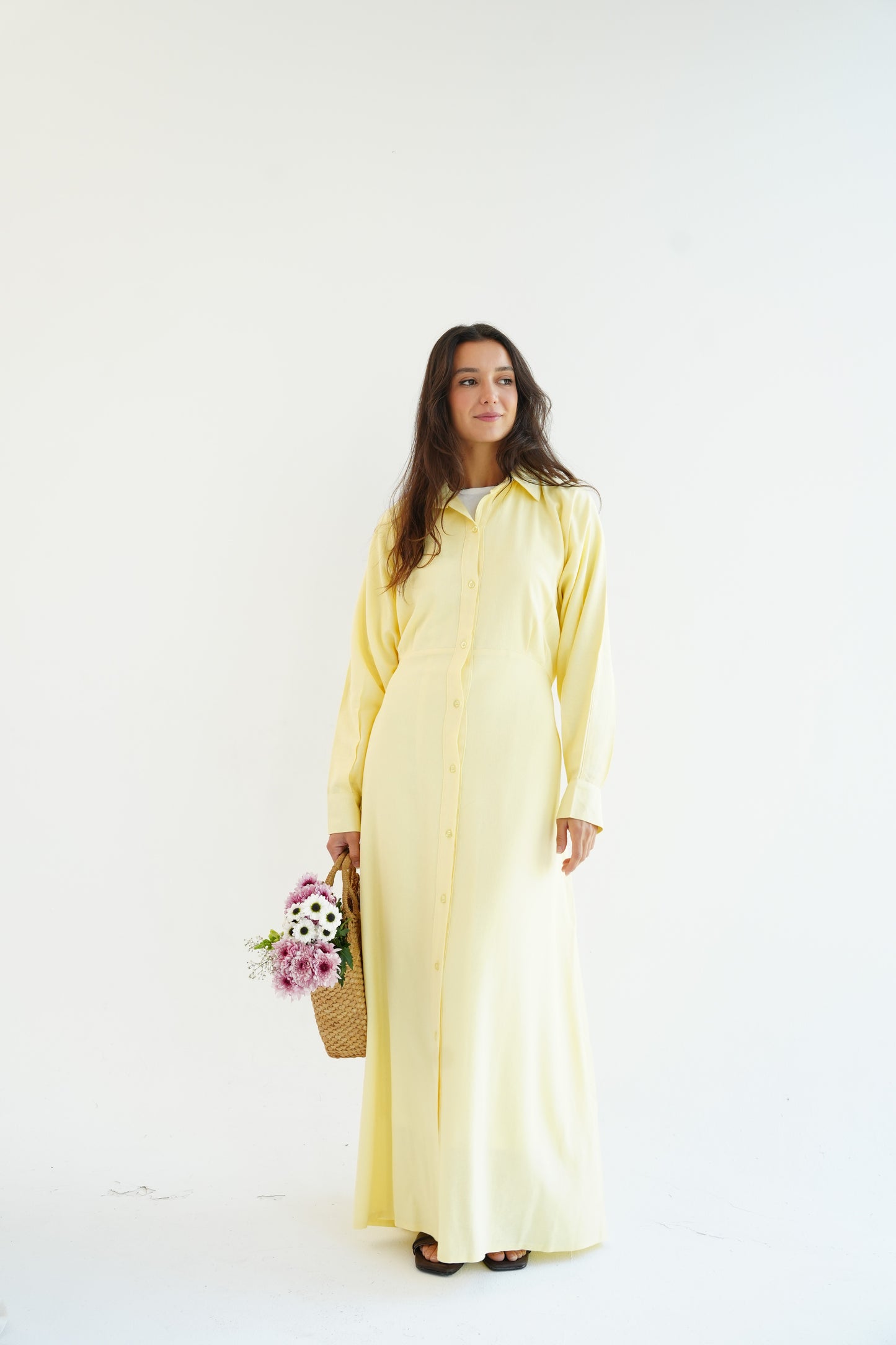 Linen Flow Shirt Dress in Butter Yellow