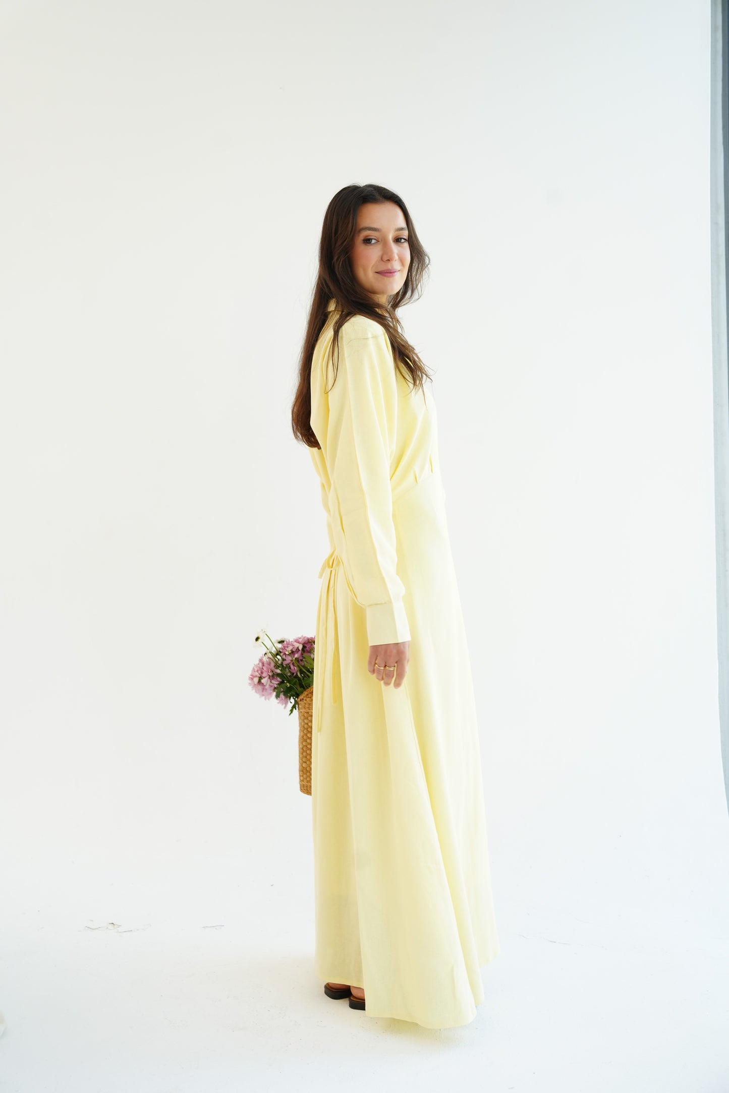 Linen Flow Shirt Dress in Butter Yellow