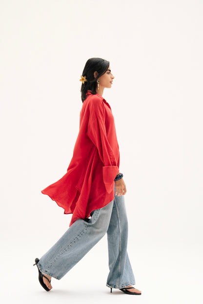 Asymmetric Linen Shirt in Red