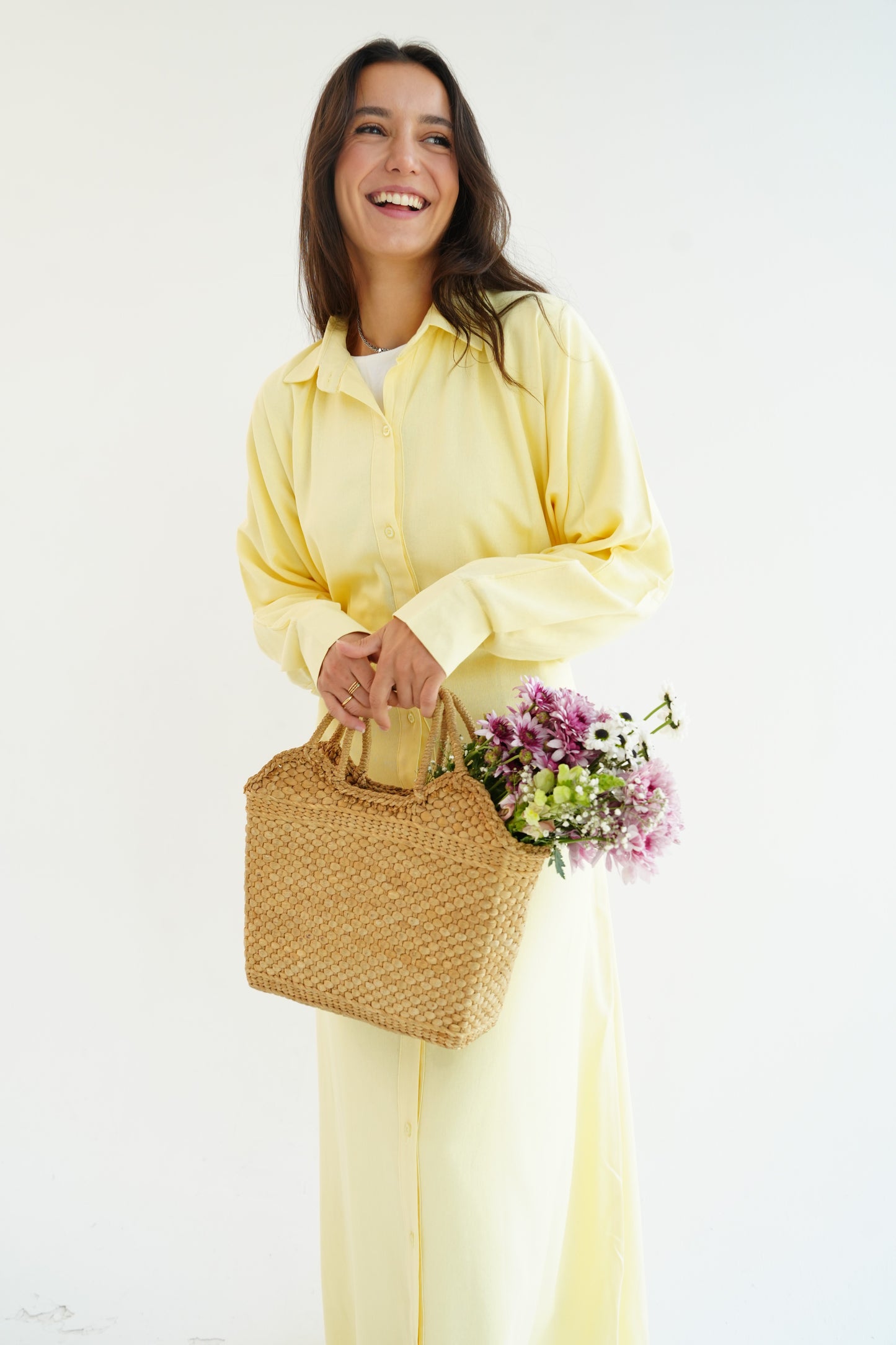 Linen Flow Shirt Dress in Butter Yellow