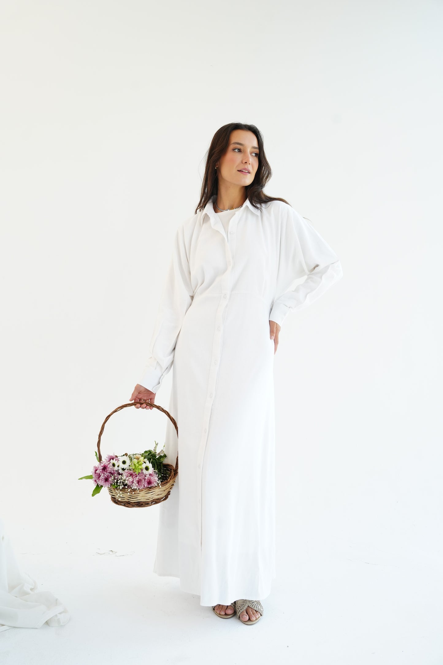 Linen Flow Shirt Dress in Offwhite