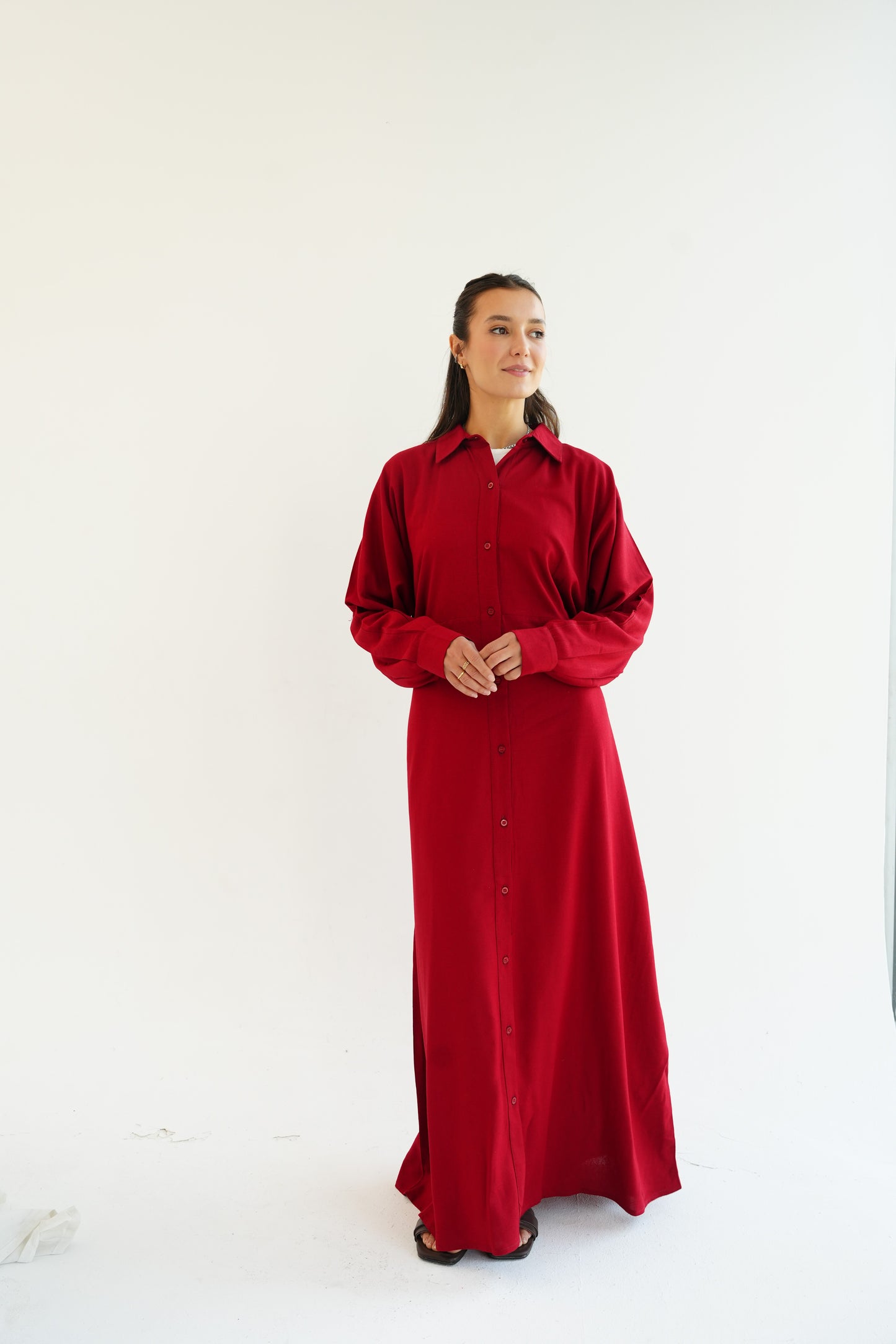 Linen Flow Shirt Dress in Red