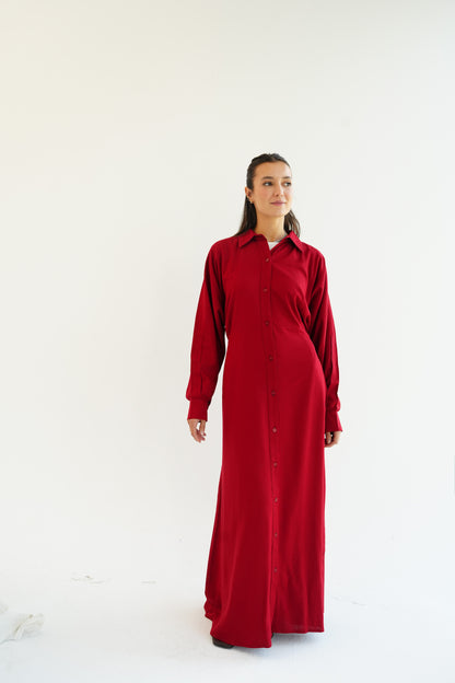 Linen Flow Shirt Dress in Red
